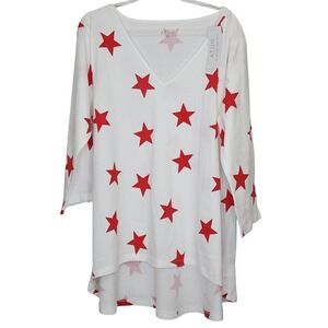 ATUN Women's White Red Star Print V‎ Neck Tunic Top XL